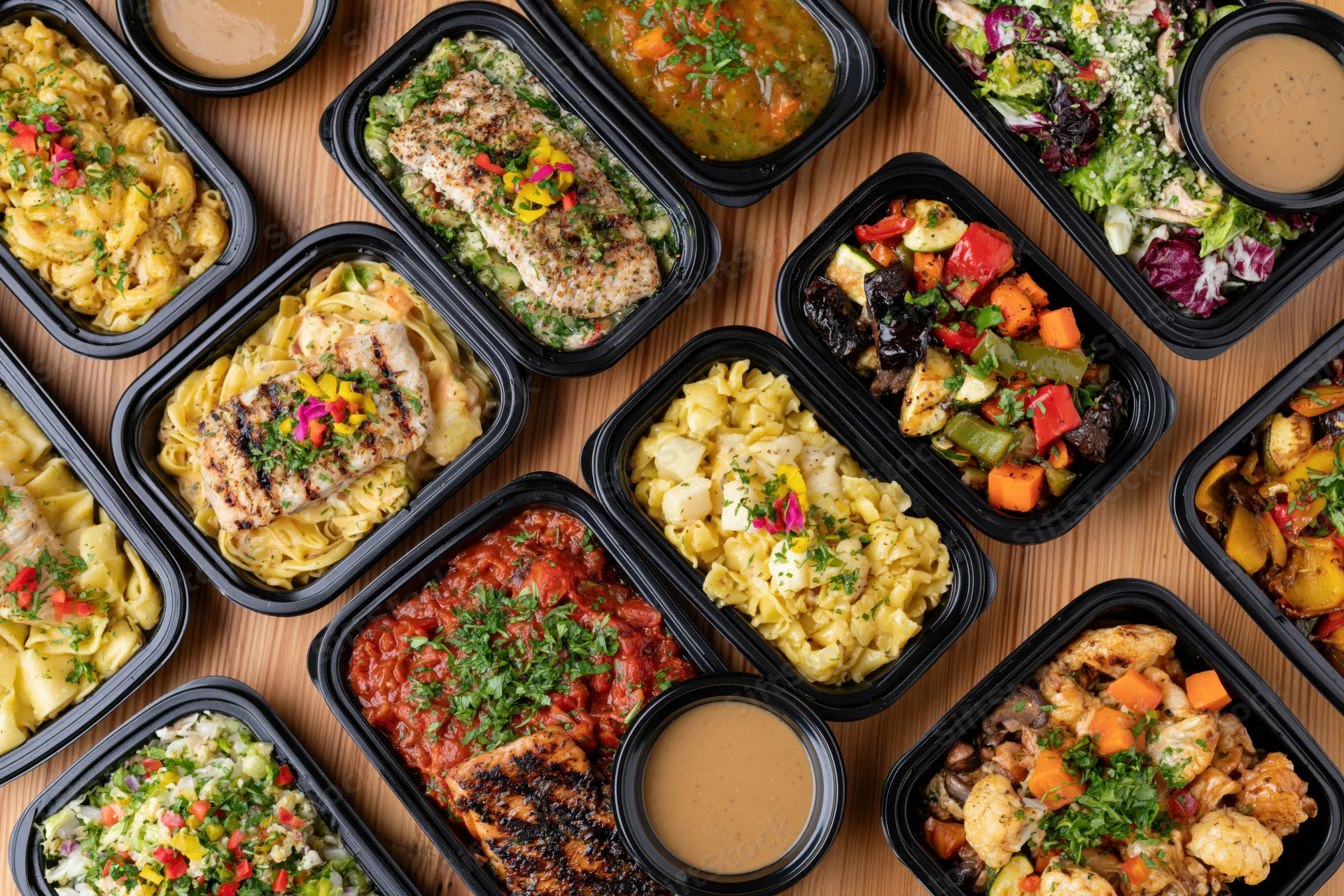 Overhead view of multiple meal prep containers filled with varied healthy meals arranged on a wooden table