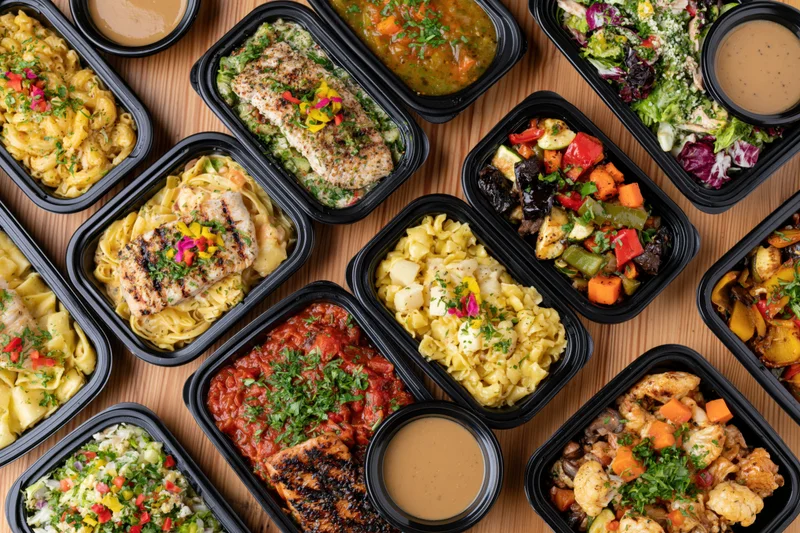 Overhead view of multiple meal prep containers filled with varied healthy meals arranged on a wooden table
