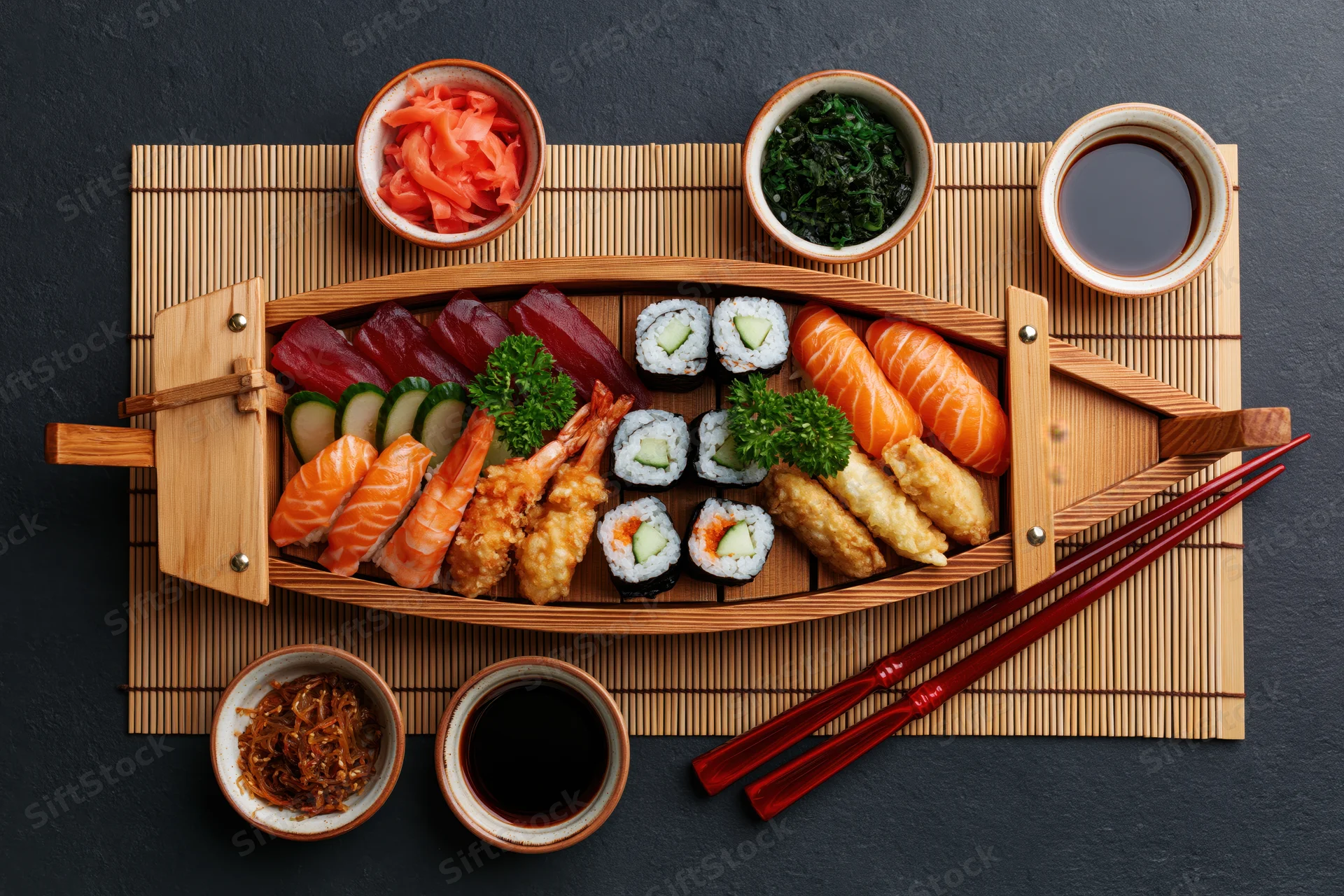 Sushi platter arranged on a fish-shaped bamboo tray with chopsticks and condiments on a dark surface