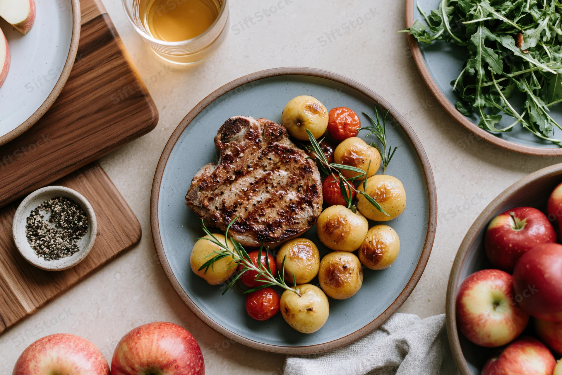 Grilled pork chop with roasted potatoes and tomatoes on a blue plate, surrounded by apples, salad, and condiments on a table