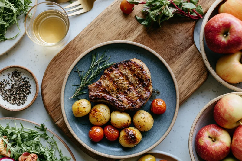 Grilled pork chop with roasted potatoes and cherry tomatoes on a blue plate arranged on a wooden cutting board with herbs and apples around