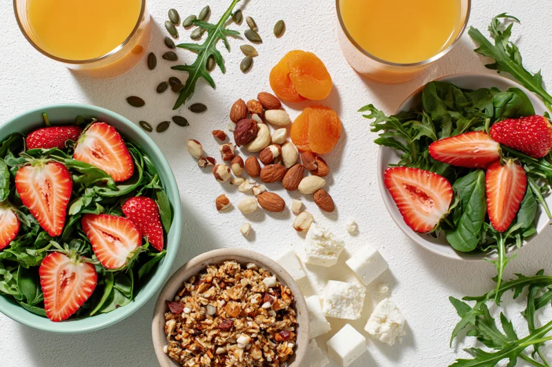 Overhead flat lay of a healthy breakfast spread with salads, nuts, fruit, granola, cheese and juice on a white surface