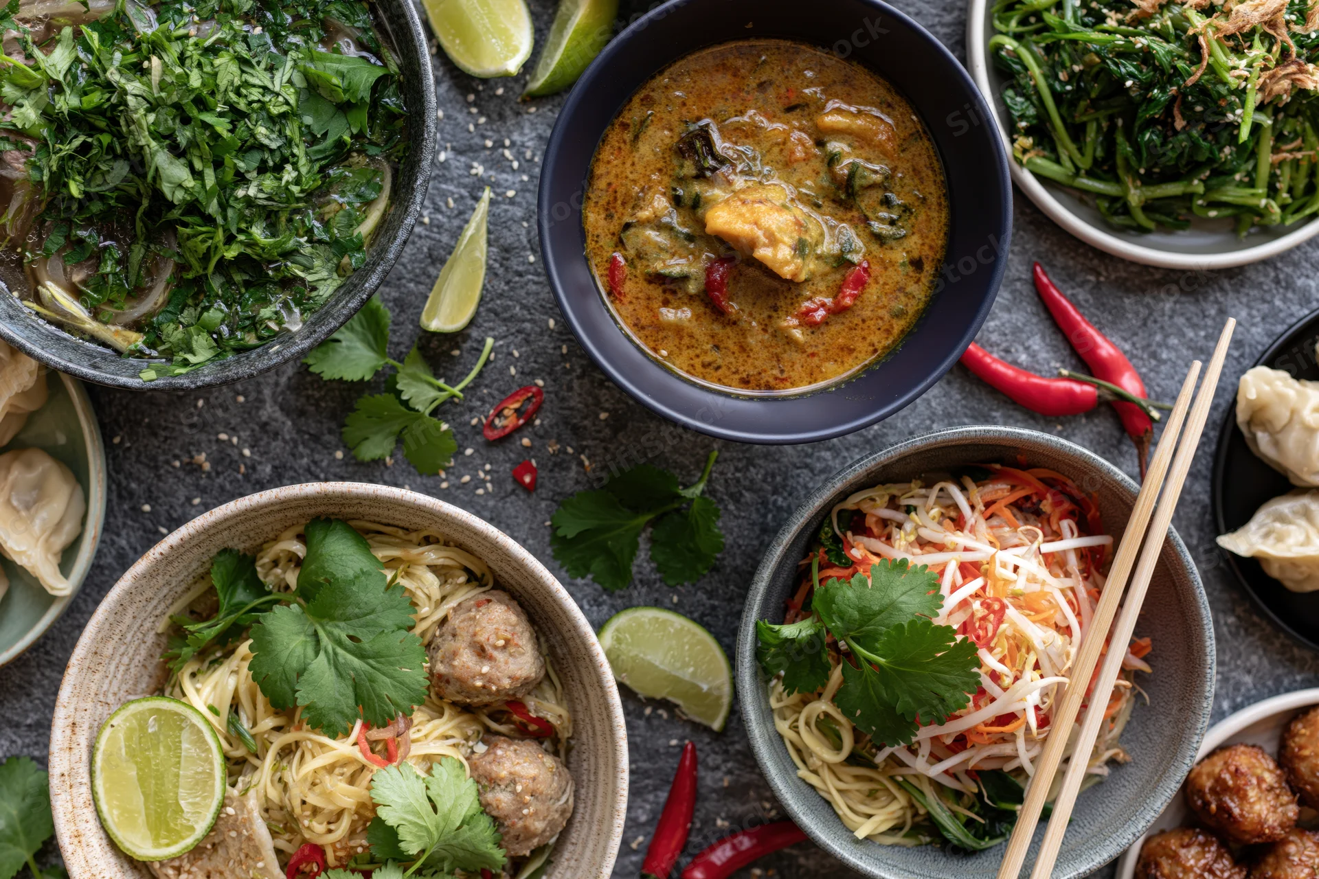 Overhead flat lay of southeast asian dishes arranged on dark stone surface with bowls of curry, noodles, stir fry, herbs, lime, and chili peppers