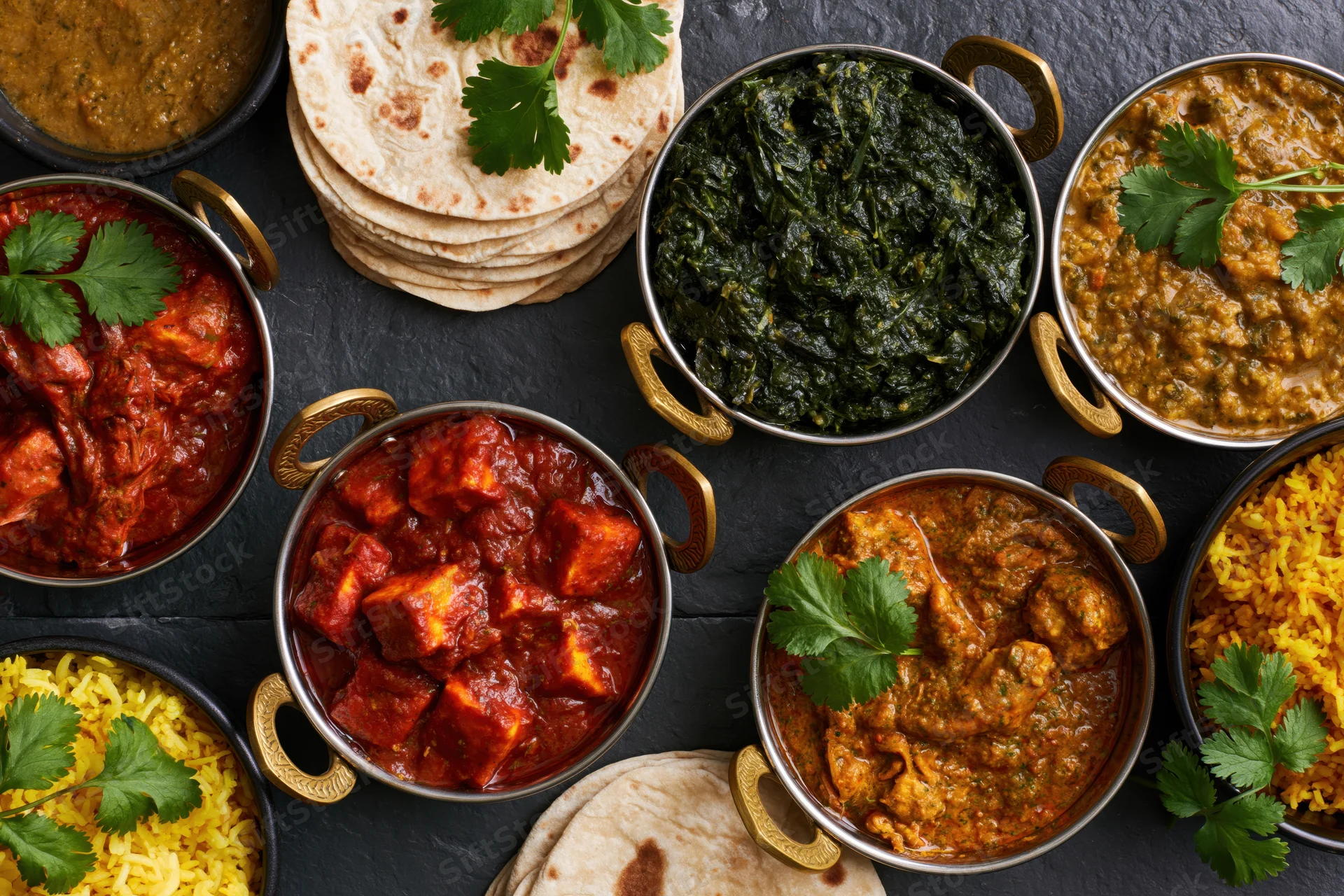 Overhead flat lay of an indian feast with curries, rice, naan and garnishes on dark slate surface