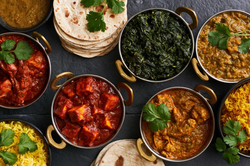 Overhead flat lay of an indian feast with curries, rice, naan and garnishes on dark slate surface