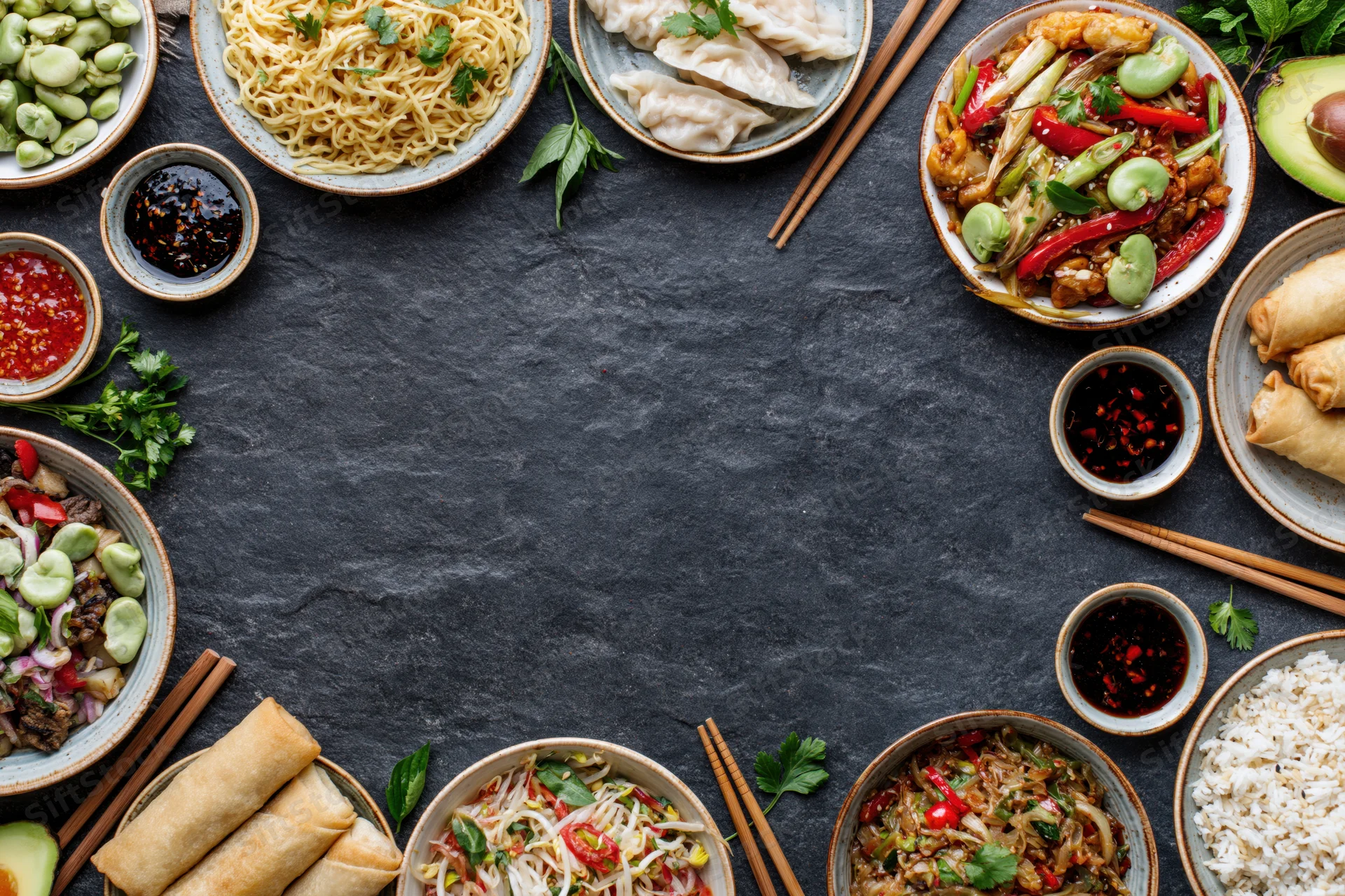 Assorted asian dishes arranged in a circular border on a dark stone surface with copyspace in center