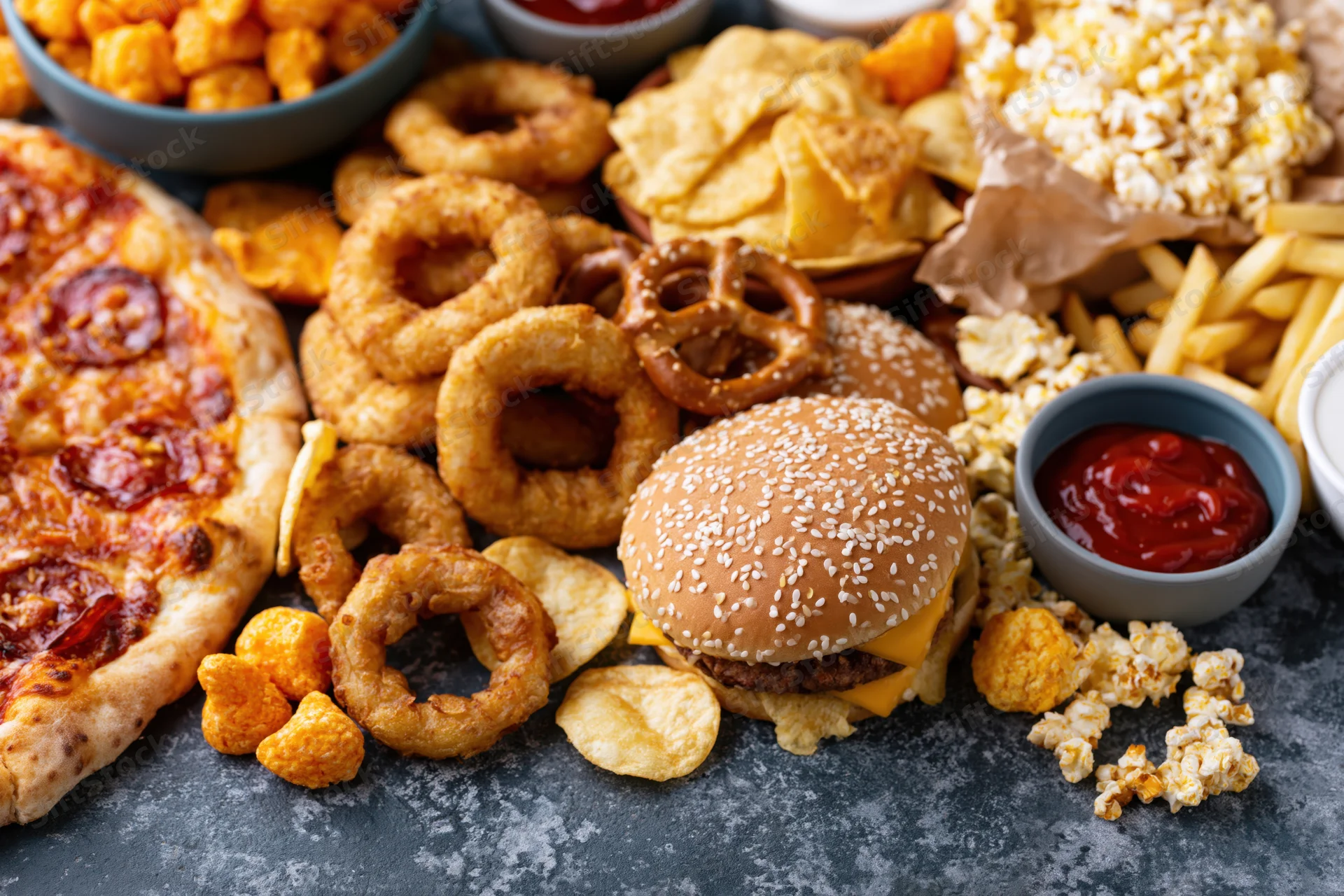 Overhead flat lay of assorted fast food and snacks spread on dark surface