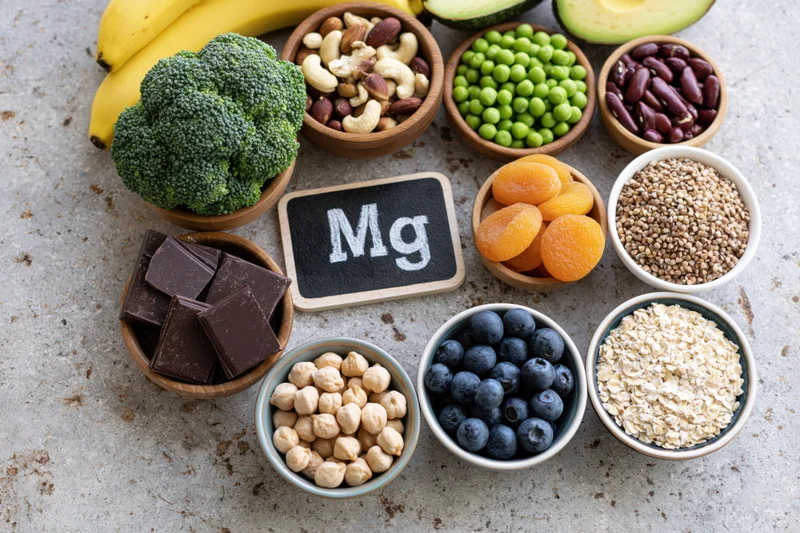 Overhead flat lay of magnesium-rich foods arranged on a gray countertop in bowls