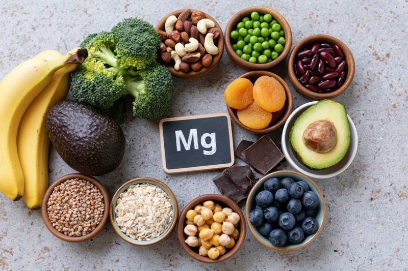Overhead flat lay of magnesium-rich foods arranged on a gray surface with bowls of nuts, seeds, fruits, vegetables, and dark chocolate surrounding a chalkboard sign labeled Mg