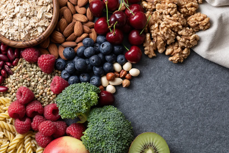 Mixed healthy foods arranged in a flat lay on dark surface with copyspace