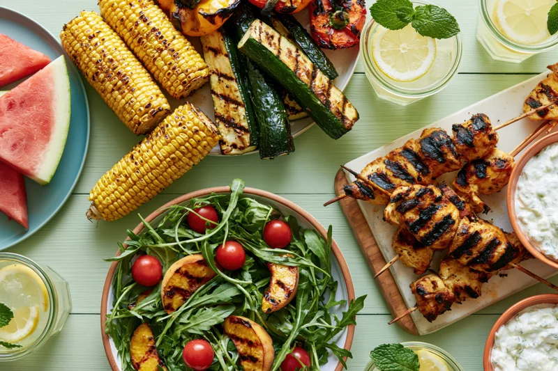Grilled summer barbecue spread with corn, chicken skewers, vegetables, salad and drinks on a pale green wooden table