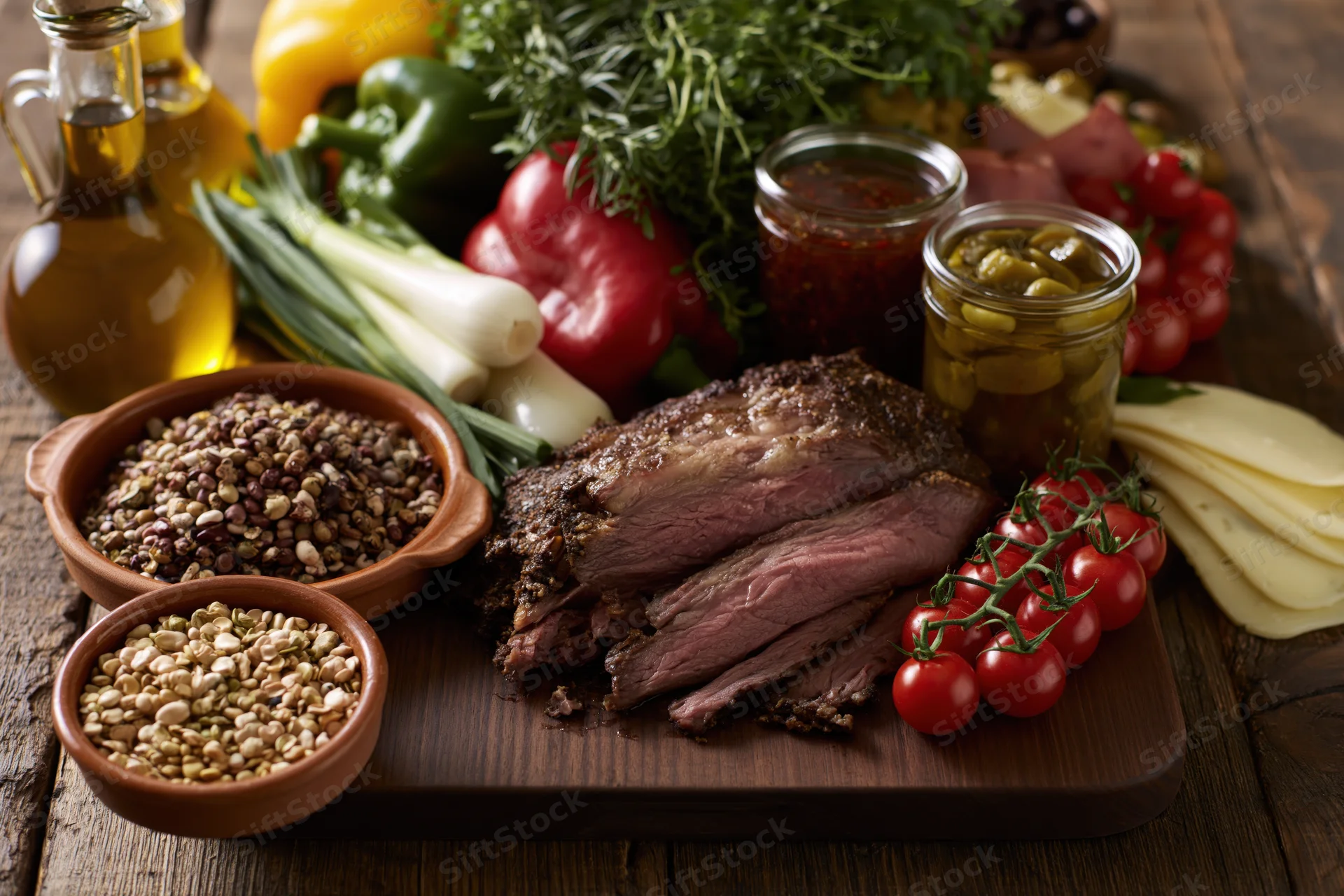 Sliced roast beef with vegetables, herbs, cheese, and legumes arranged on a dark wooden board for a dinner spread