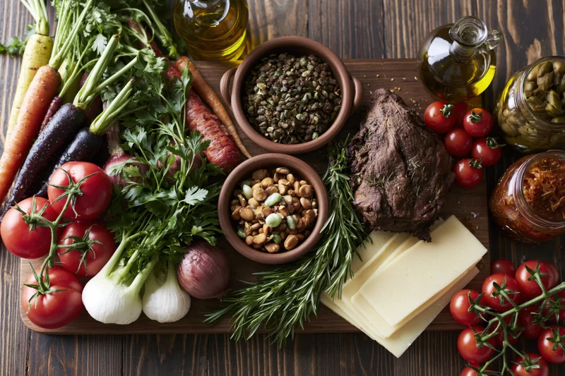 Overhead view of a rustic food spread with vegetables, meat, cheese, herbs and condiments arranged on a dark wooden table