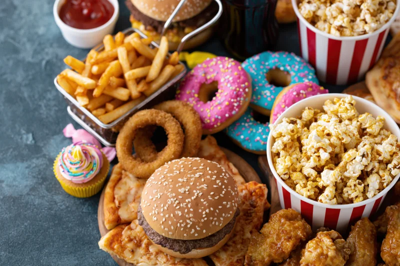 Overhead spread of assorted junk food arranged on dark surface
