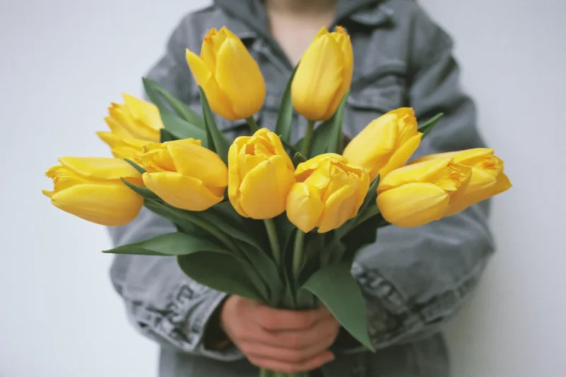 Woman holding a bouquet of bright yellow tulips in front of her body