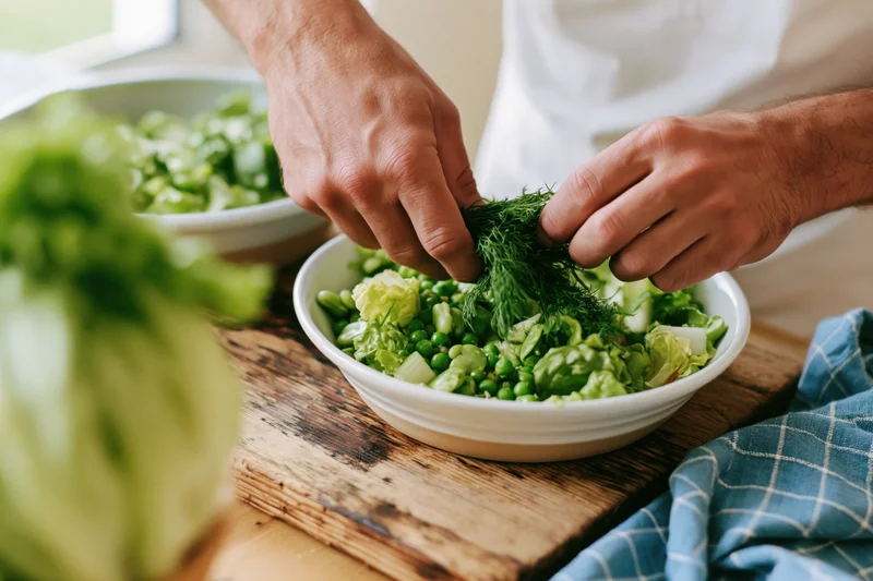 Hands adding fresh dill to a white bowl of salad on a wooden cutting board
