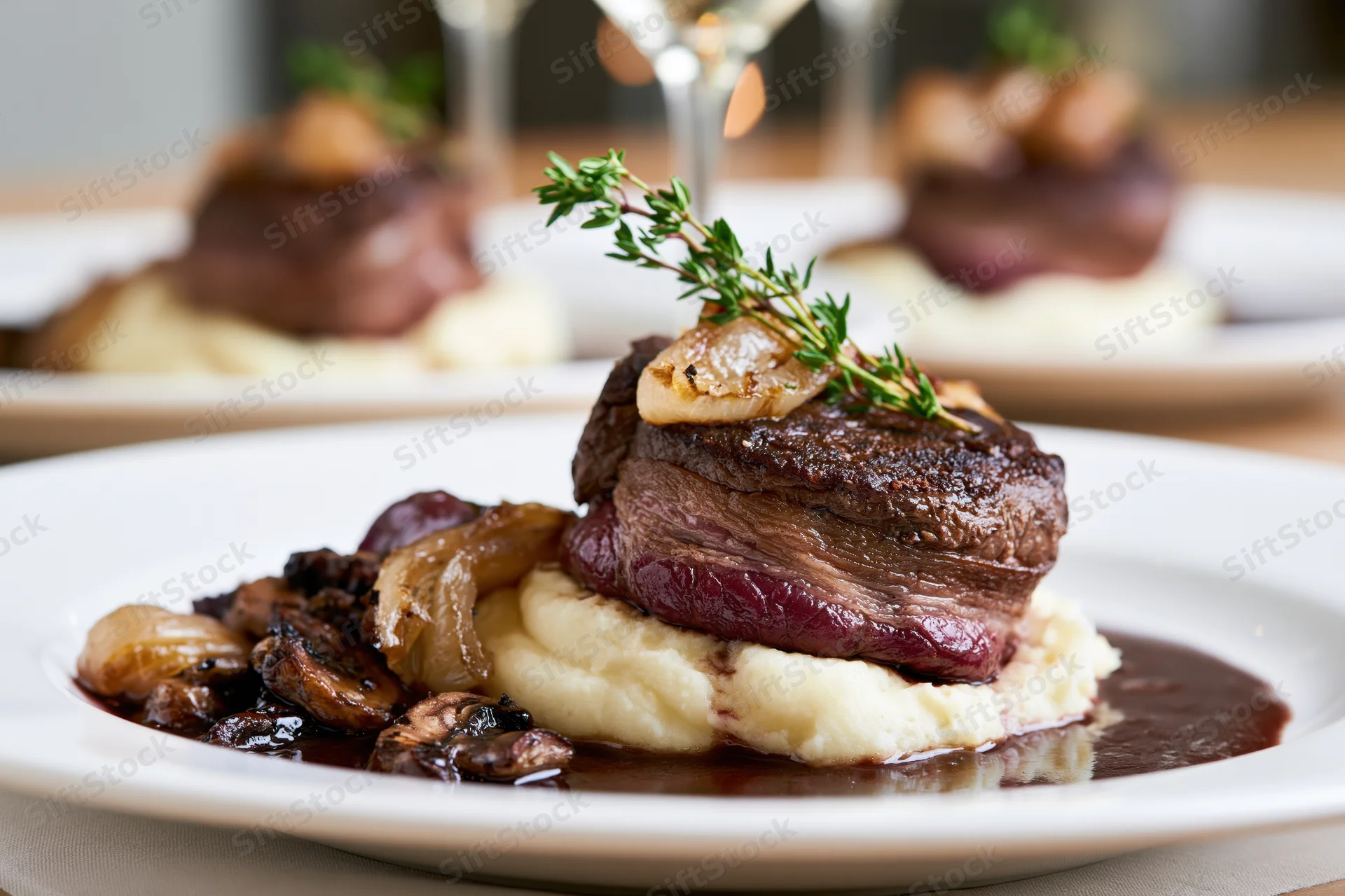 Beef medallion wrapped in bacon on mashed potatoes with gravy and herbs on a white plate