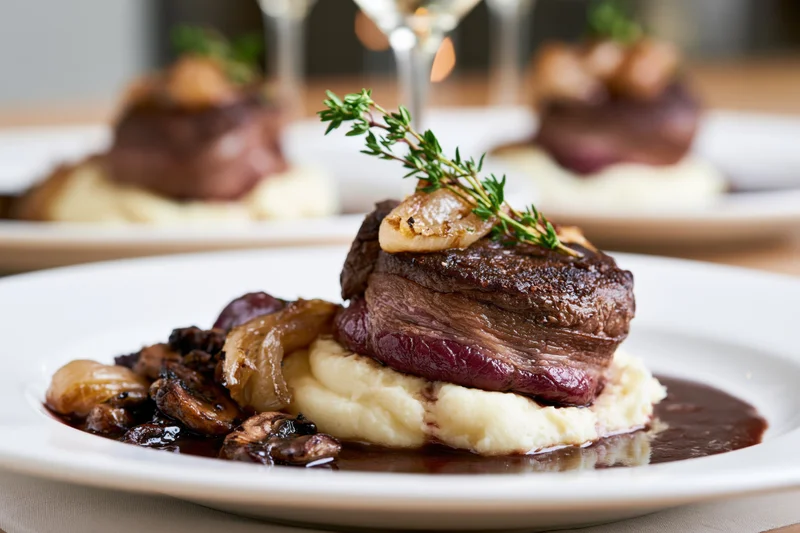 Beef medallion wrapped in bacon on mashed potatoes with gravy and herbs on a white plate
