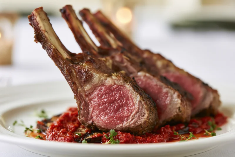 Grilled rack of lamb chops with red sauce and herbs on a white plate at a restaurant table