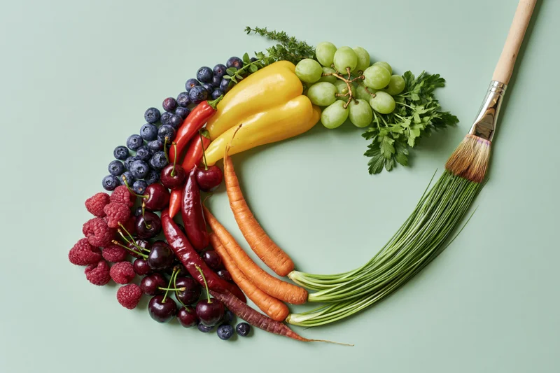 Rainbow arc of fresh fruits and vegetables arranged in color order on a light green surface with a paintbrush