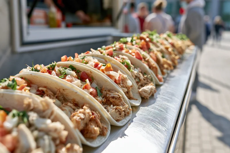 Row of freshly made street tacos lined up on a metal tray at an outdoor food truck