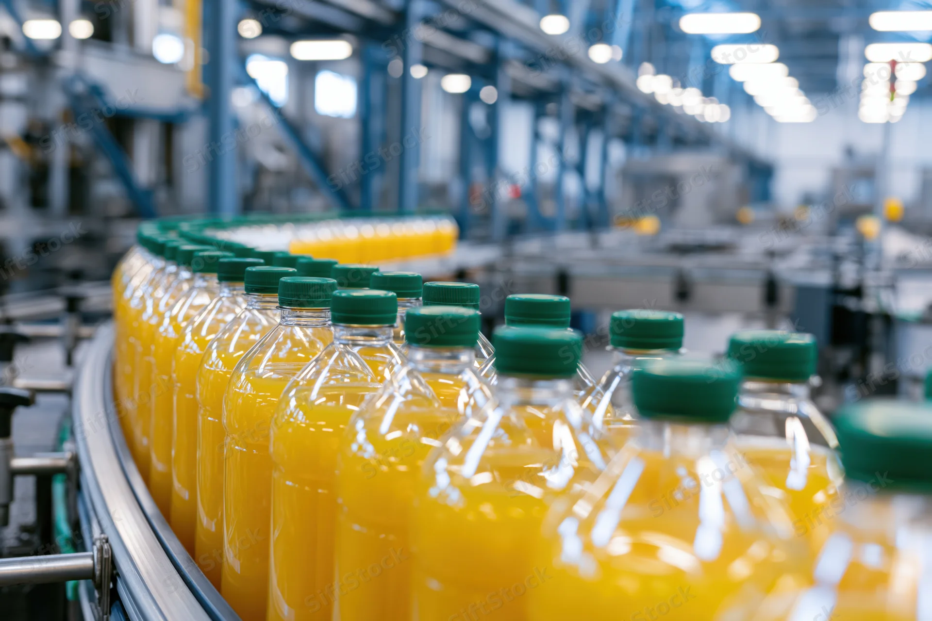 Orange juice bottles moving along a conveyor in a factory production line
