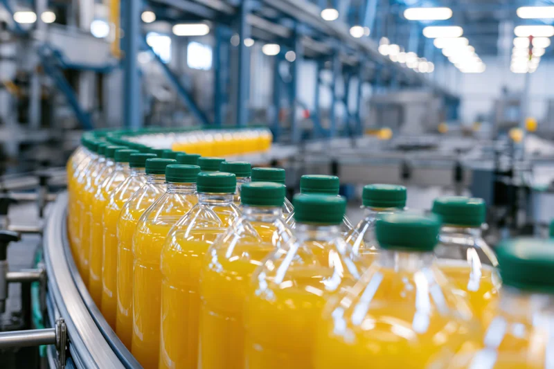 Orange juice bottles moving along a conveyor in a factory production line