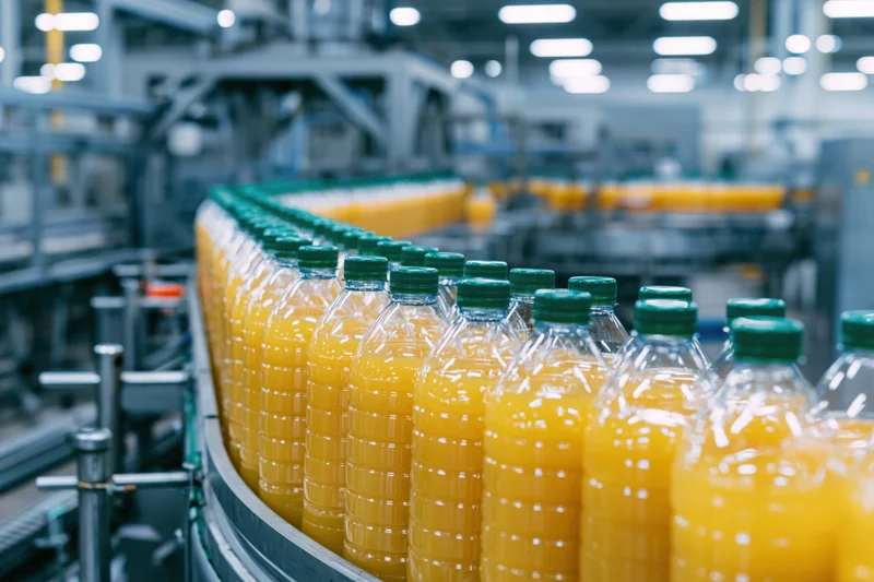 Rows of filled plastic bottles with green caps moving along a conveyor in a factory
