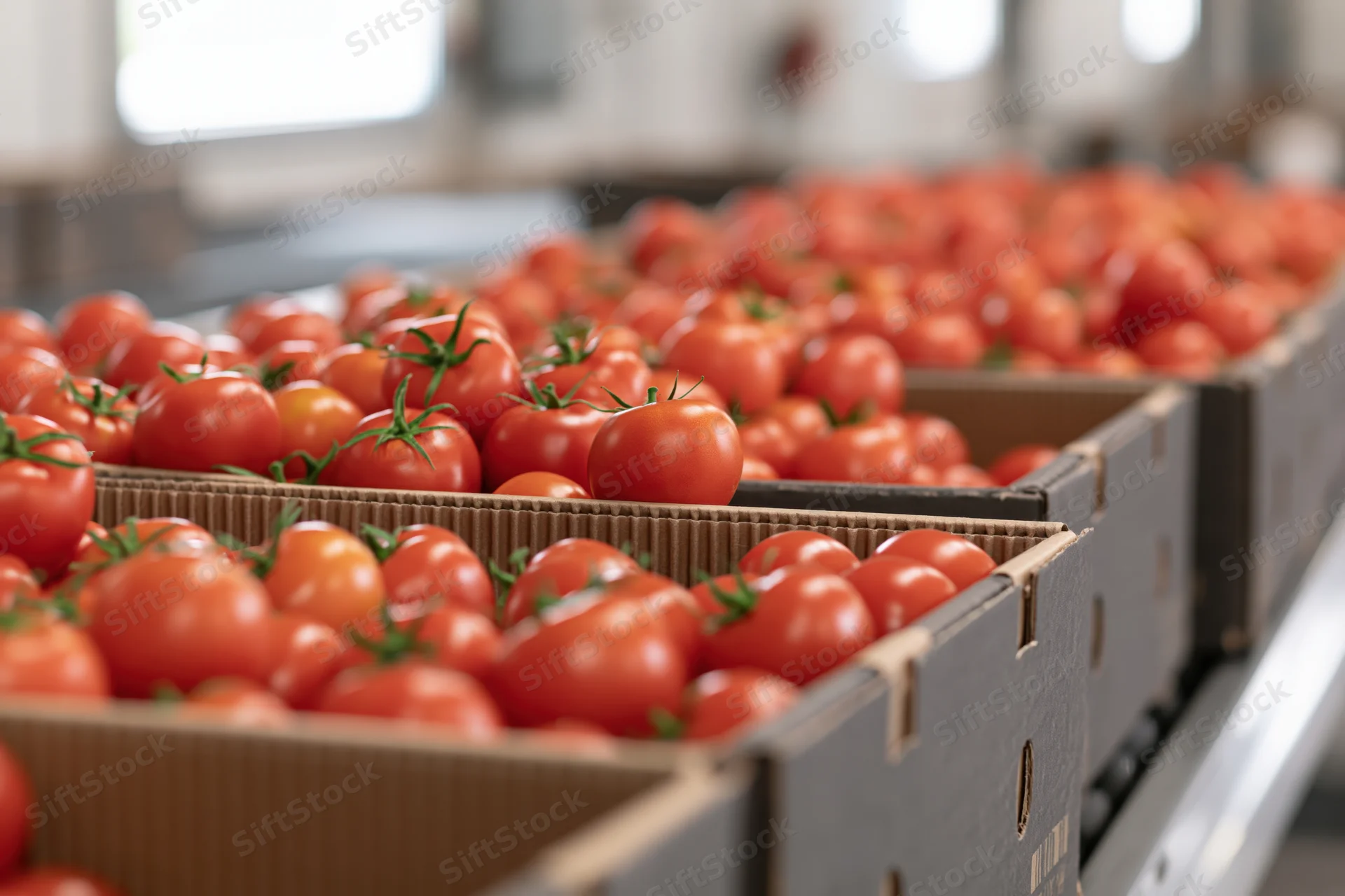 Ripe red tomatoes packed in cardboard boxes on a conveyor in a processing facility