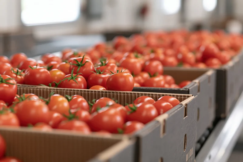 Ripe red tomatoes packed in cardboard boxes on a conveyor in a processing facility