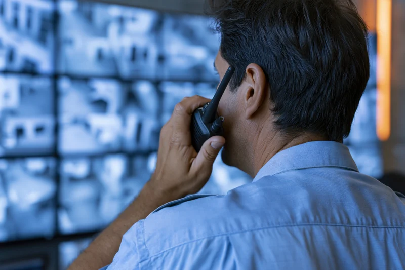 Security guard from behind speaking into handheld radio in front of video monitor grid