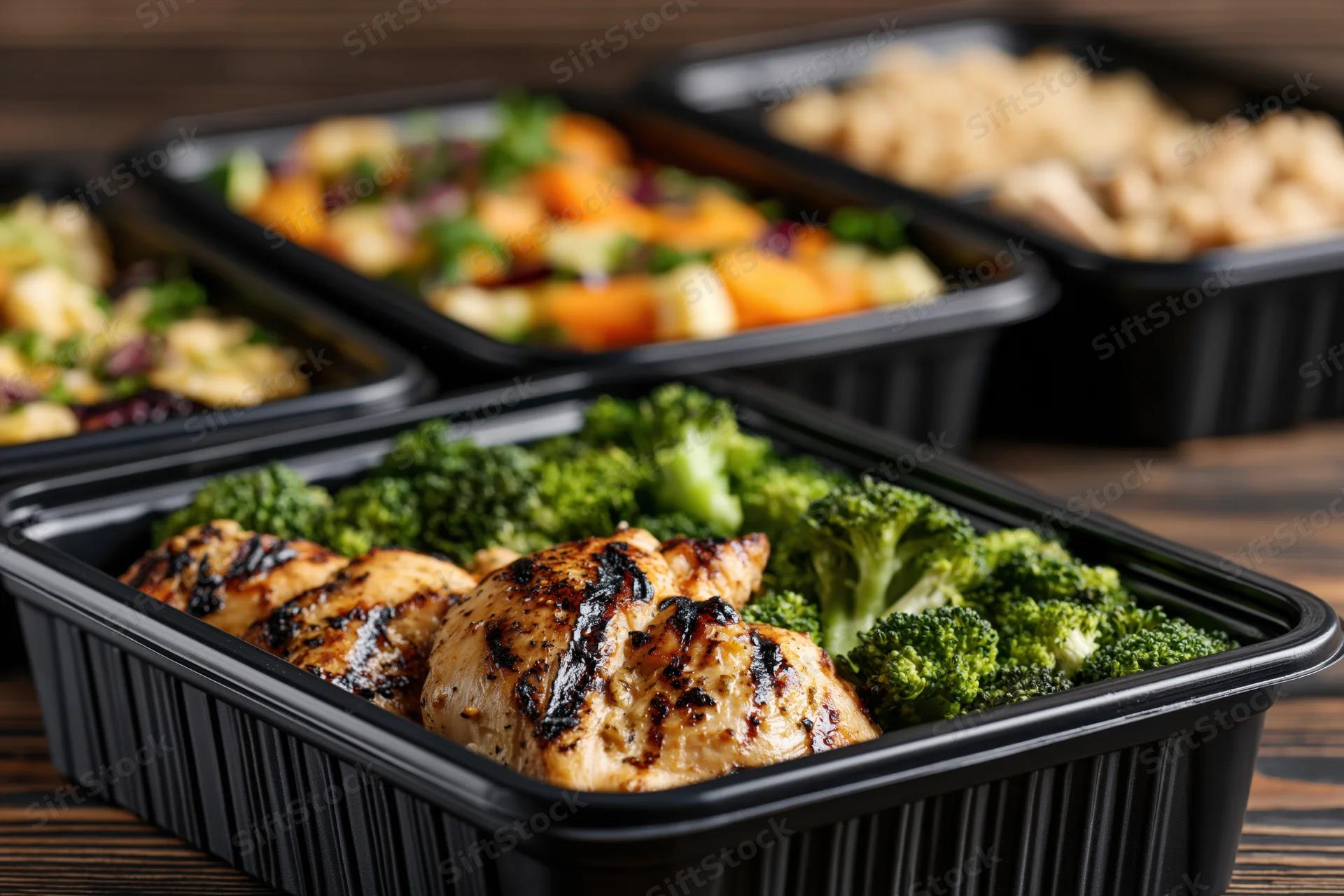 Grilled chicken and broccoli in black plastic meal prep containers on dark wooden surface