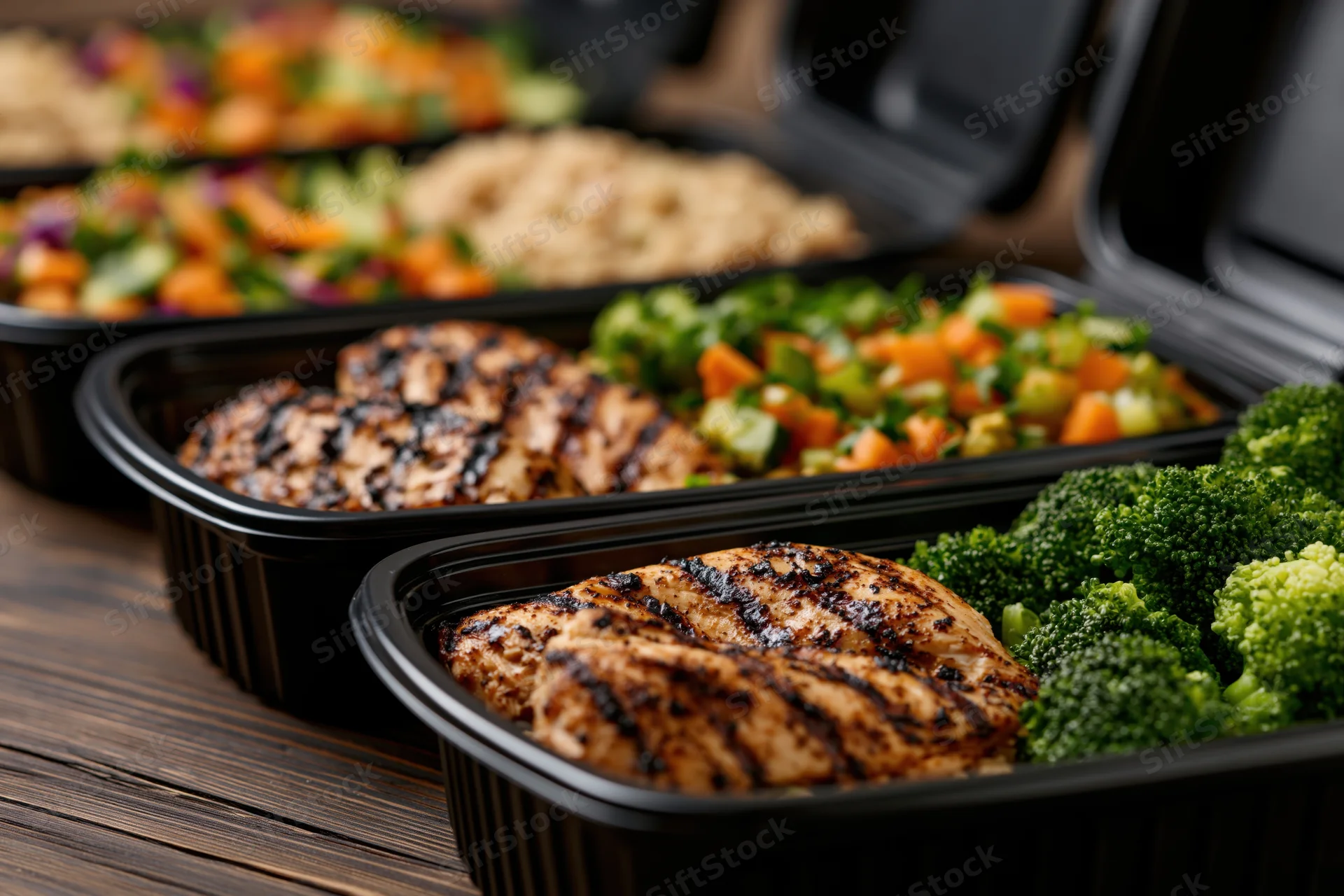 Grilled chicken and vegetables in black plastic meal prep containers arranged in a row on a wooden table