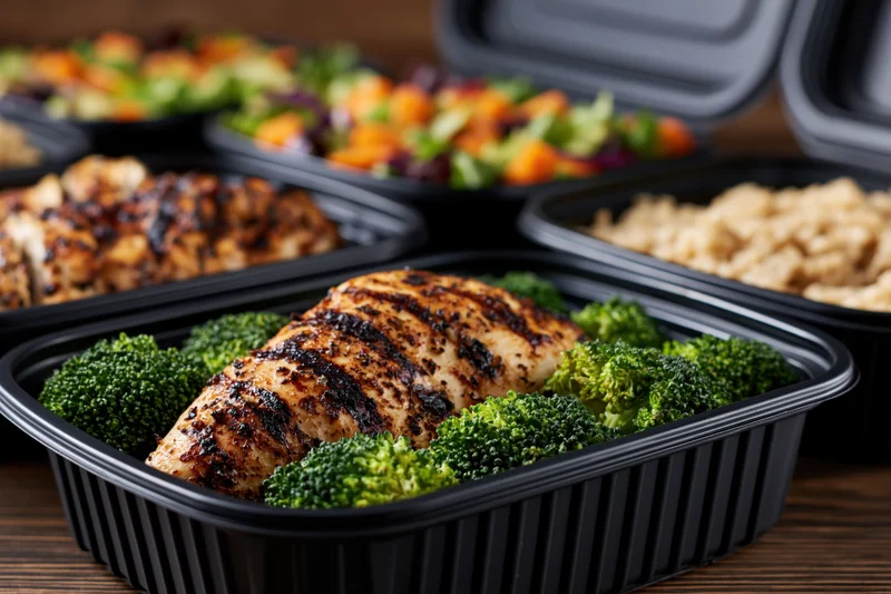 Grilled chicken with broccoli in black plastic meal prep container on dark wood table