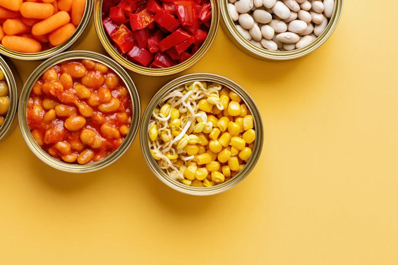 Open tin cans filled with various preserved vegetables arranged on a yellow surface