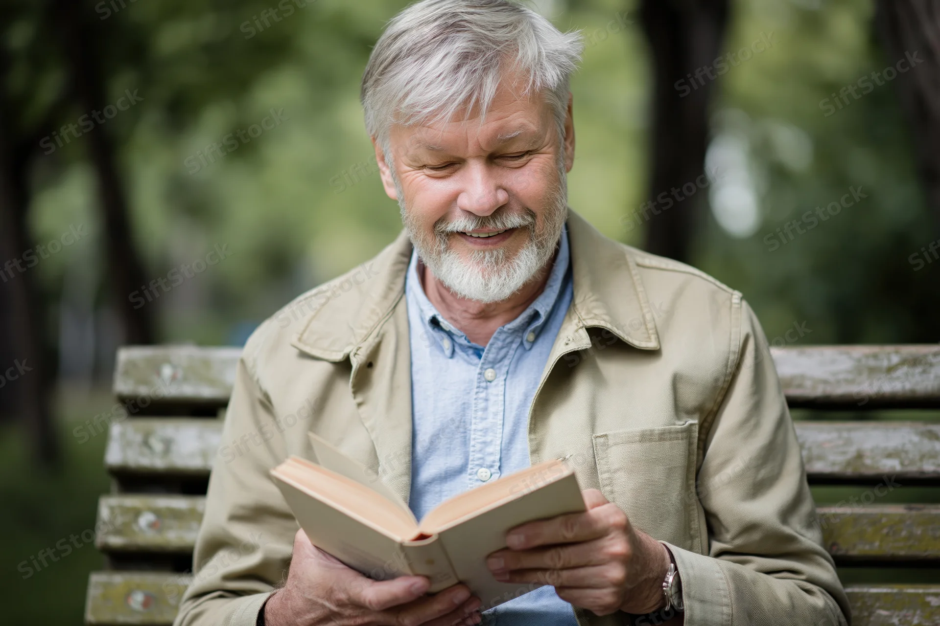 Senior man reading a book while sitting on a park bench