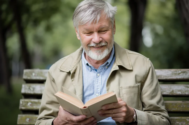 Senior man reading a book while sitting on a park bench