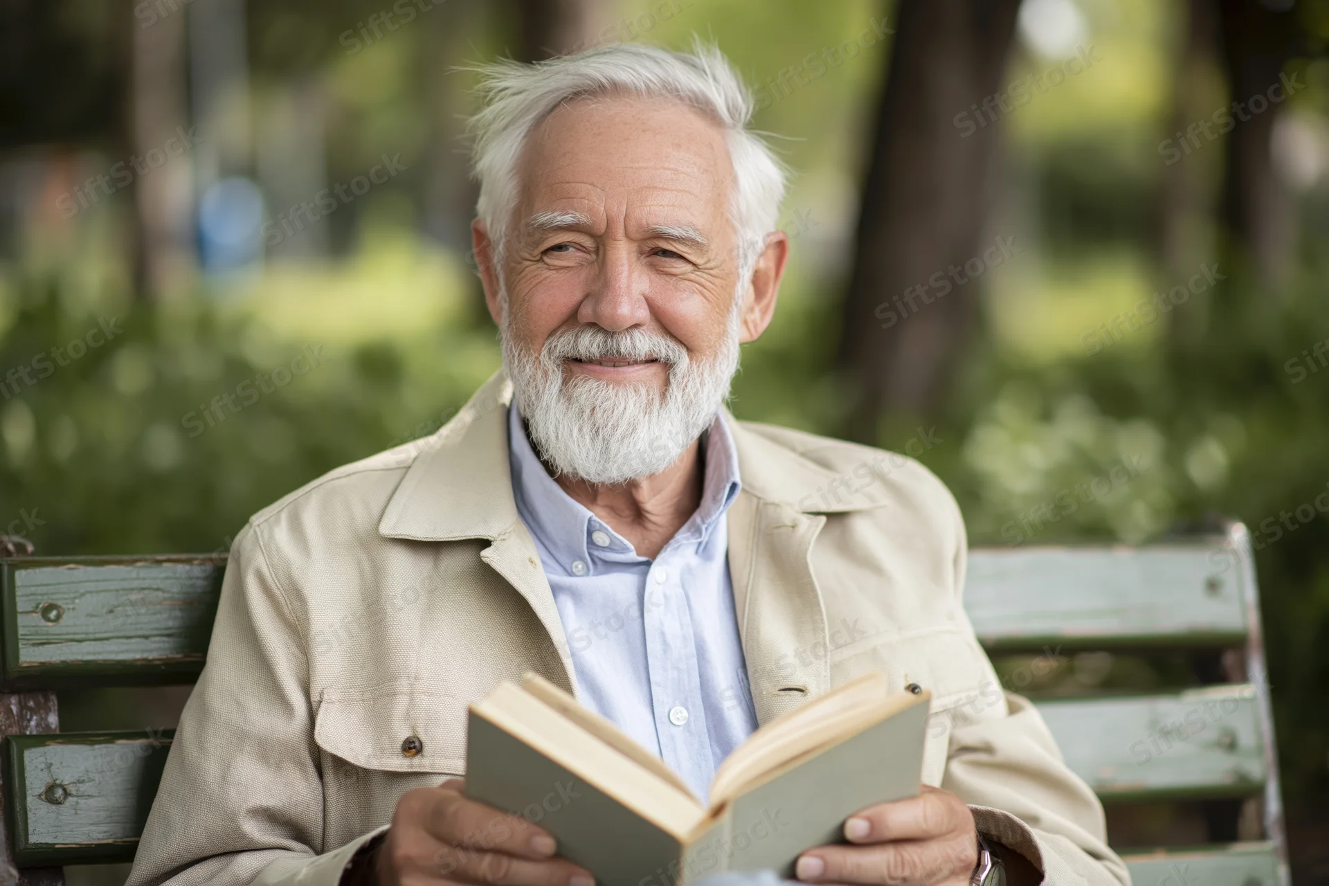 Senior man reading a book while sitting on a park bench smiling
