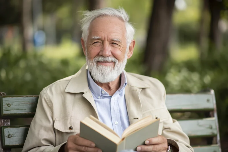 Senior man reading a book while sitting on a park bench smiling