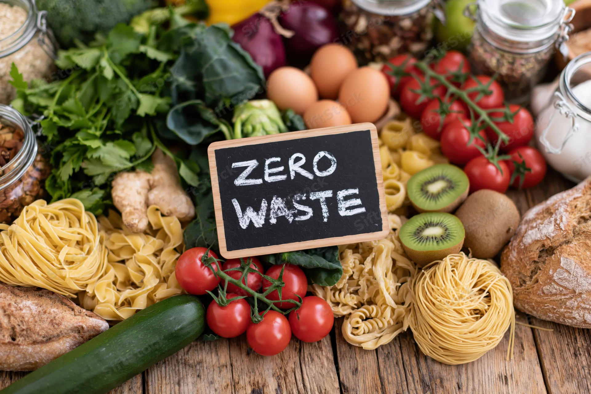 Zero waste sign surrounded by fresh produce and pantry staples on wooden table