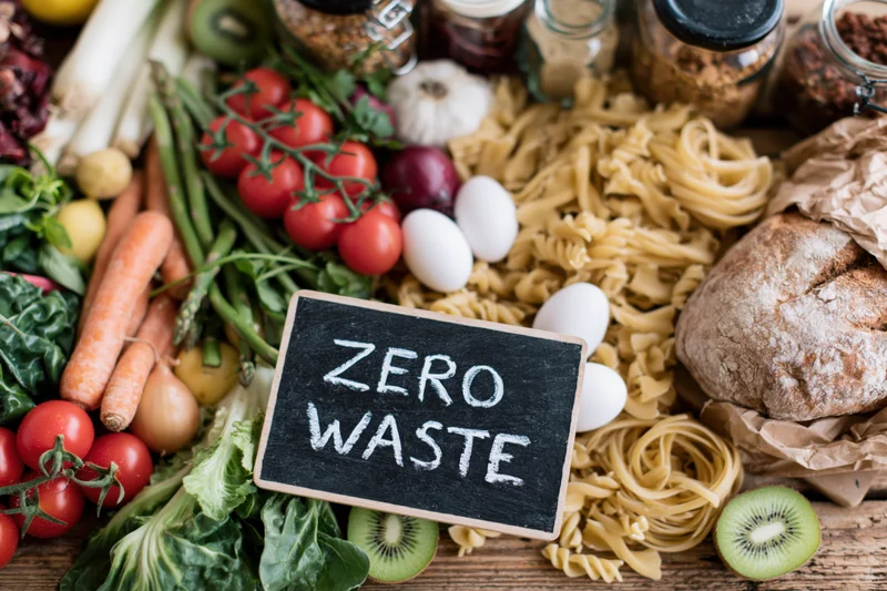 Zero waste sign among fresh vegetables, pasta, bread and eggs on wooden table