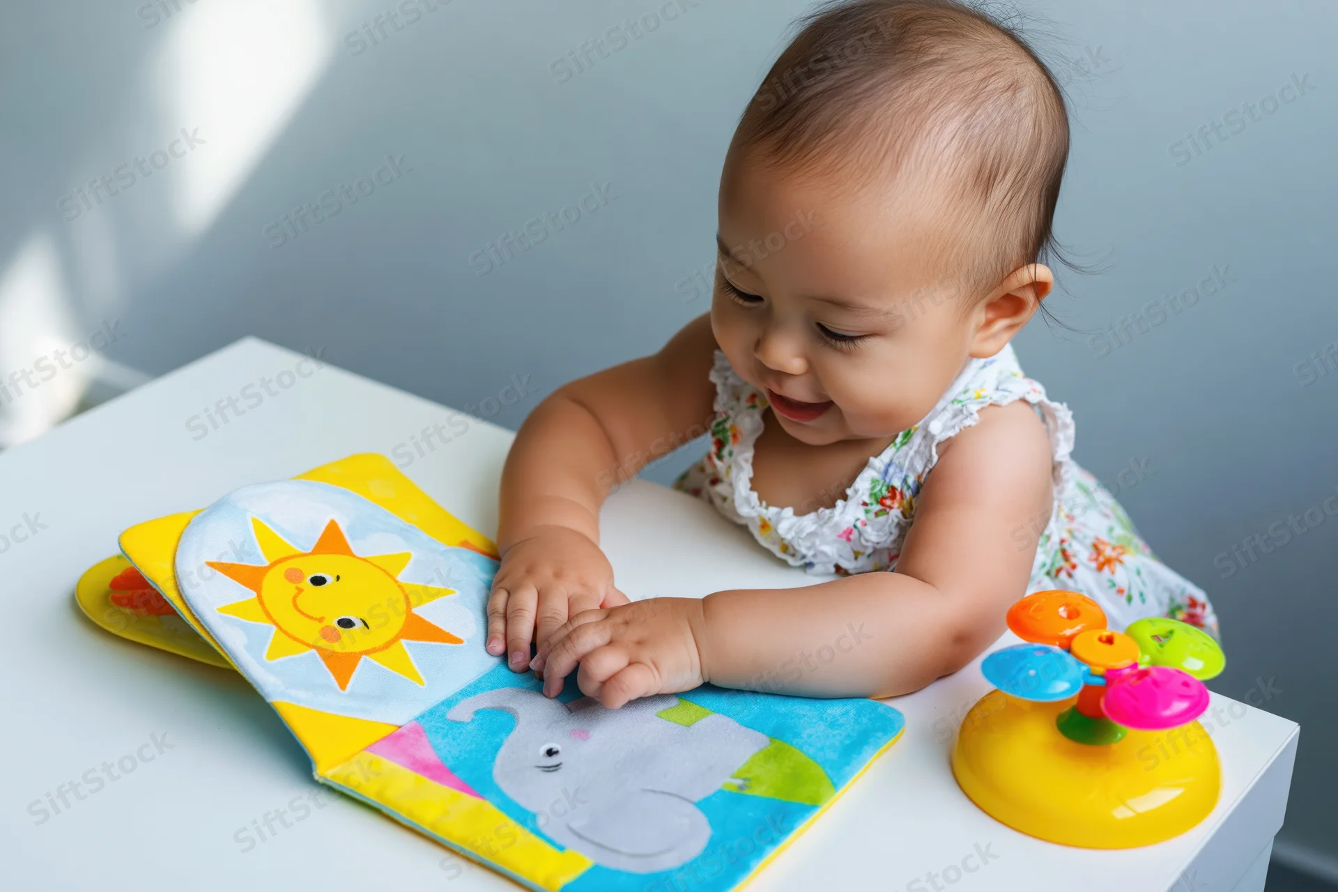 Baby girl smiling while playing with a colorful soft book on a white table