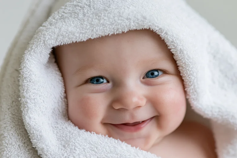 Smiling baby with bright blue eyes peeking from under a white towel