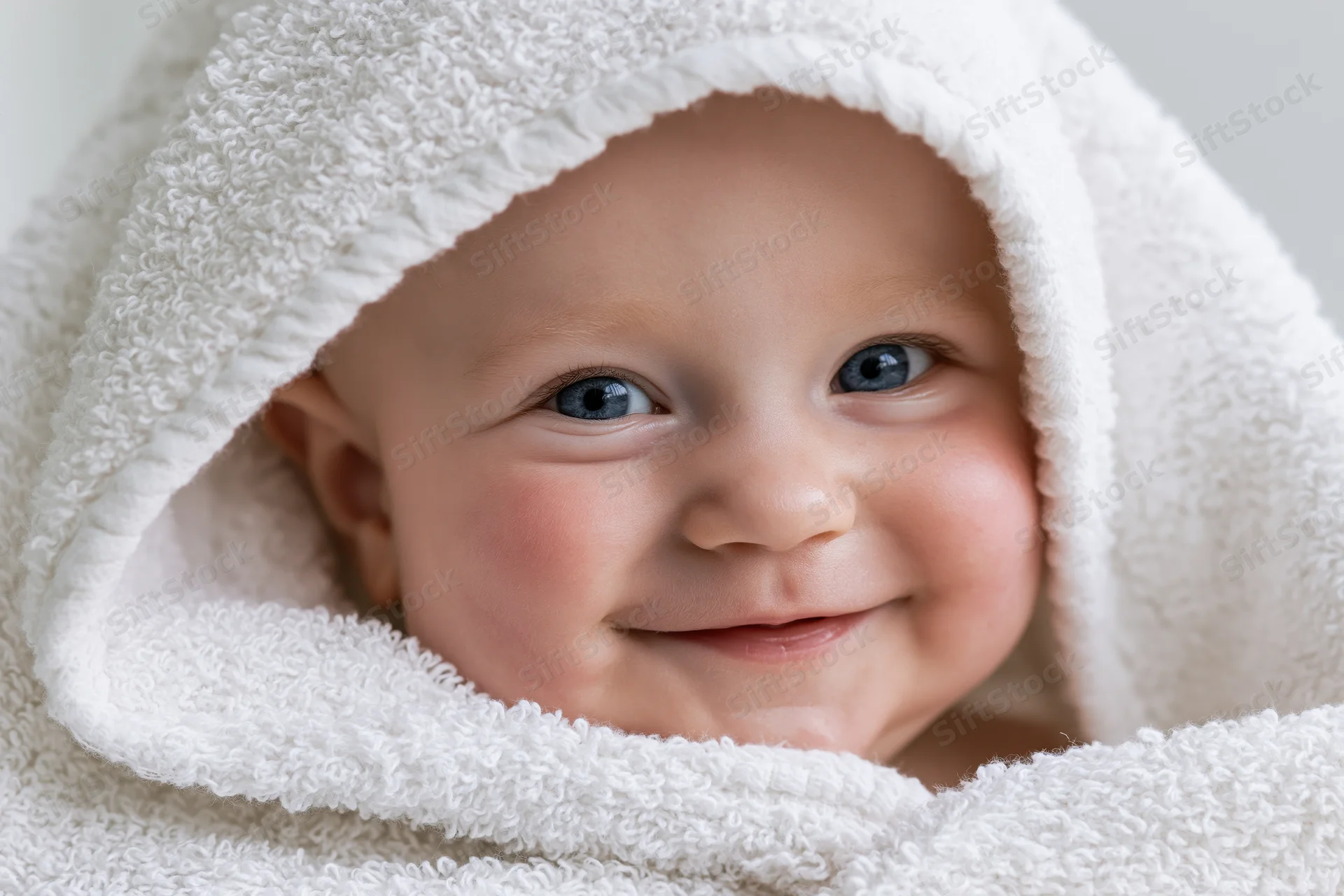 Smiling baby with bright blue eyes peeking from under a white hooded towel