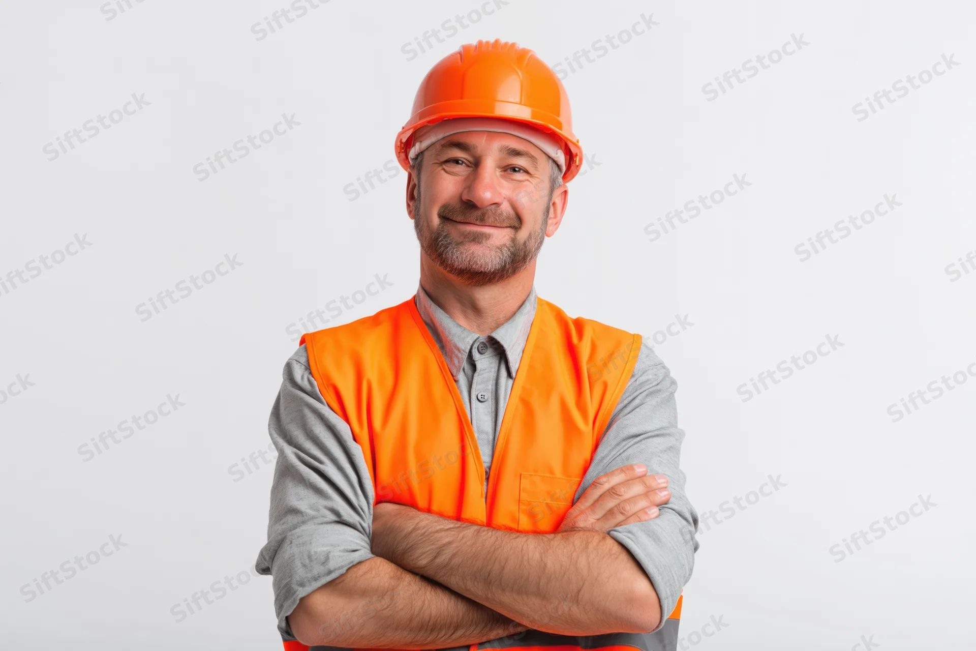 Middle-aged man in orange safety helmet and vest smiling with arms crossed against white background