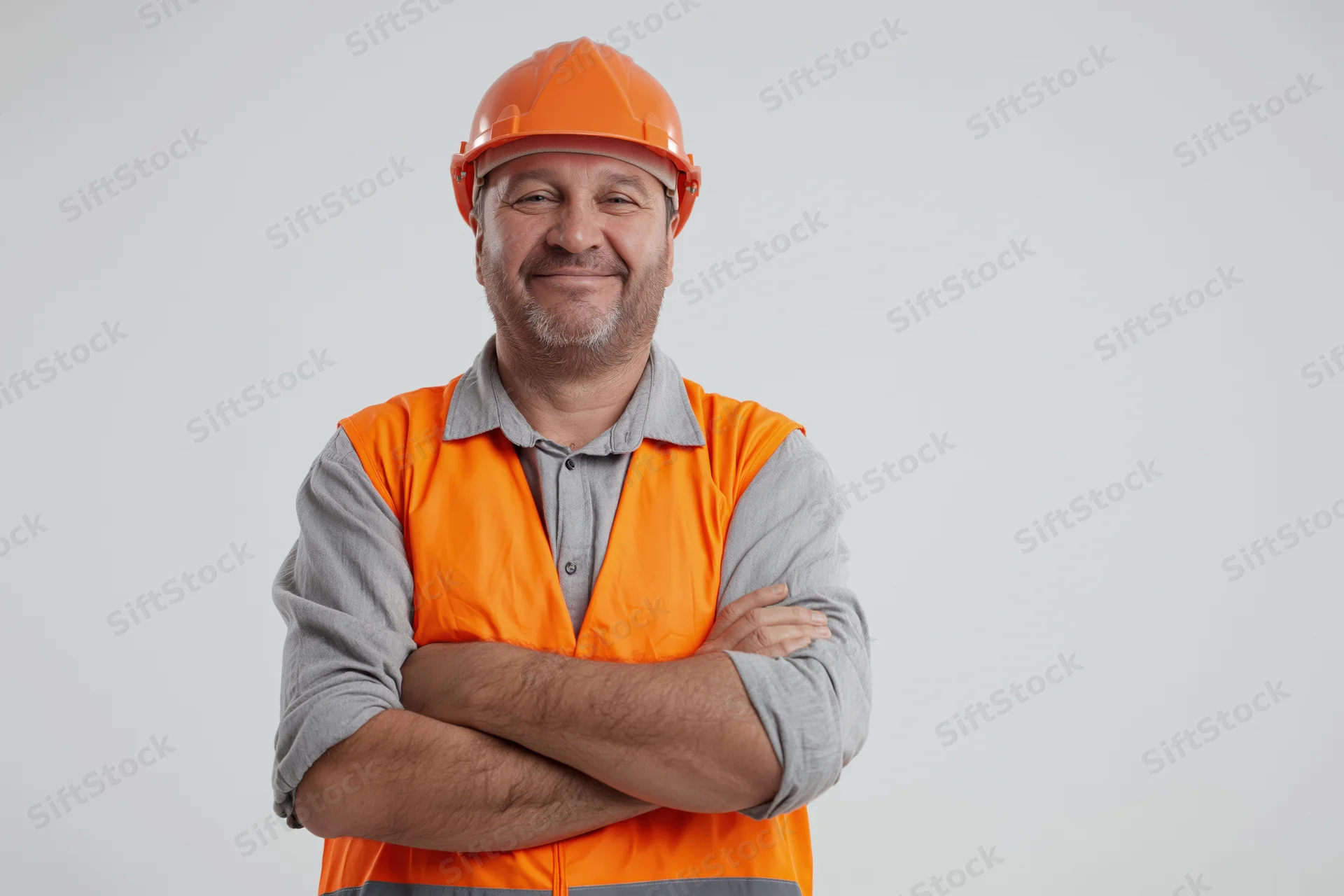 Smiling middle-aged construction worker with arms crossed wearing orange safety helmet and high-visibility vest in studio portrait