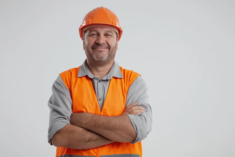 Smiling middle-aged construction worker with arms crossed wearing orange safety helmet and high-visibility vest in studio portrait
