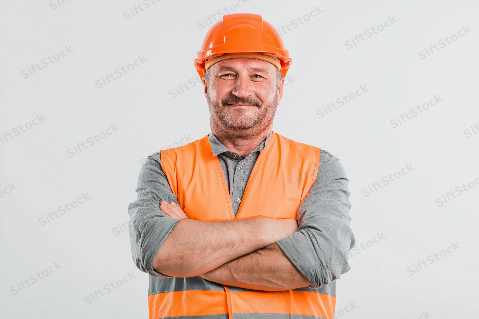 Middle-aged man in orange safety helmet and vest standing with arms crossed against white background