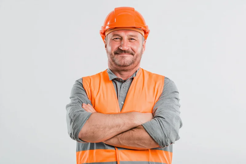 Middle-aged man in orange safety helmet and vest standing with arms crossed against white background