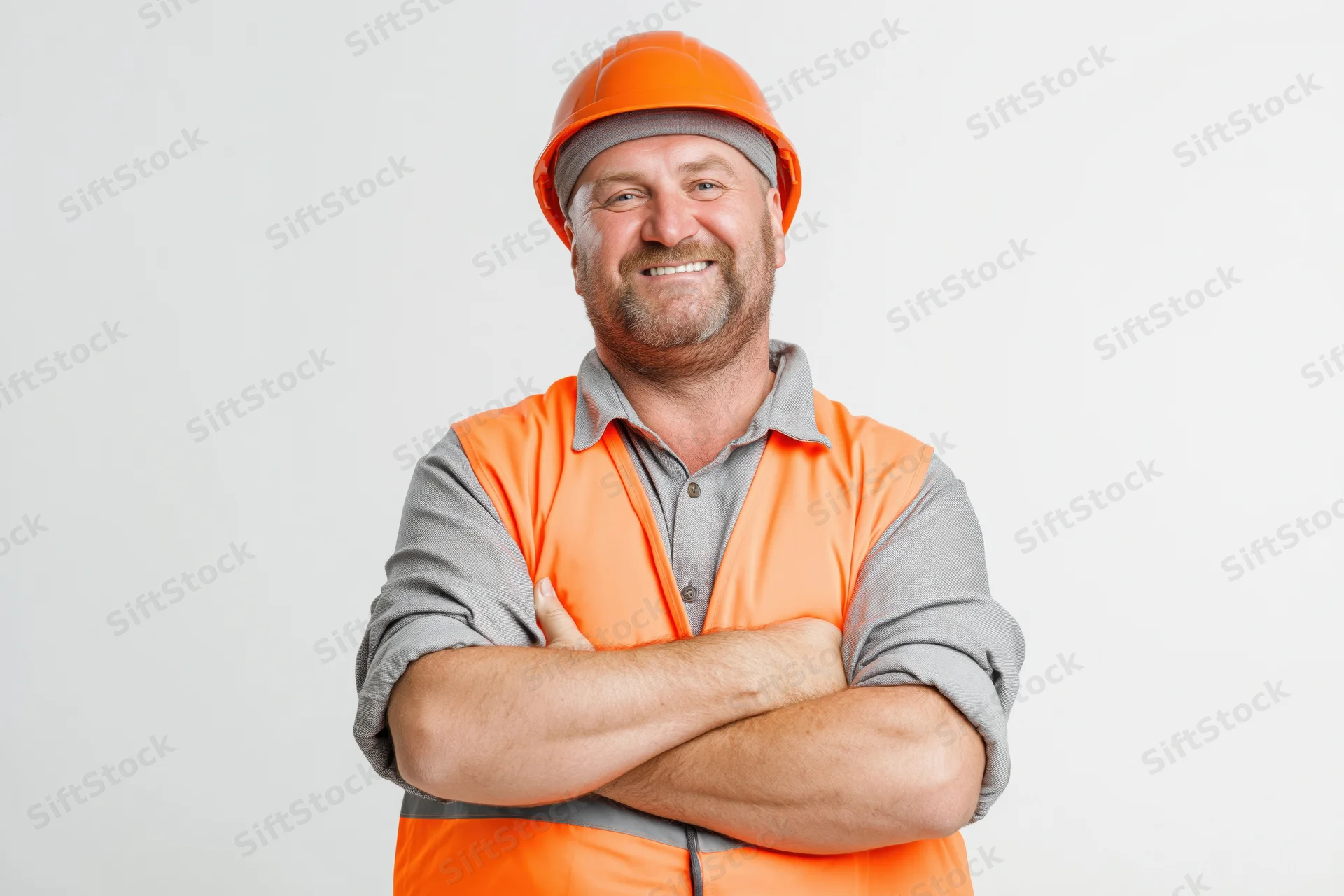 Smiling middle-aged man in orange safety helmet and vest with arms crossed against white background